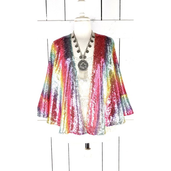 Cropped rainbow striped colorful sequins kimono cover up jacket - Picture 2 of 7